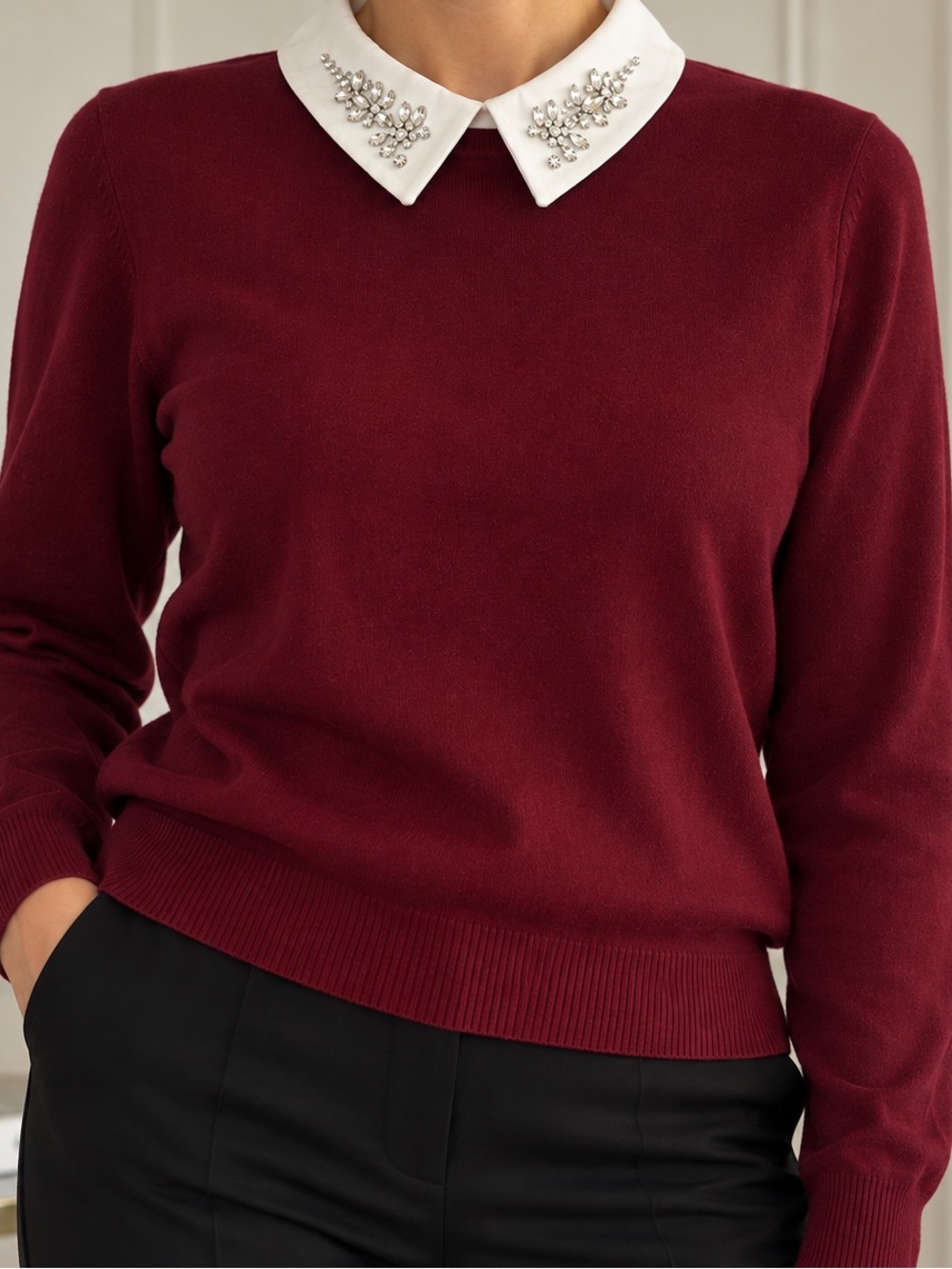 Milano Sangria Embellished Collar Sweater Size L